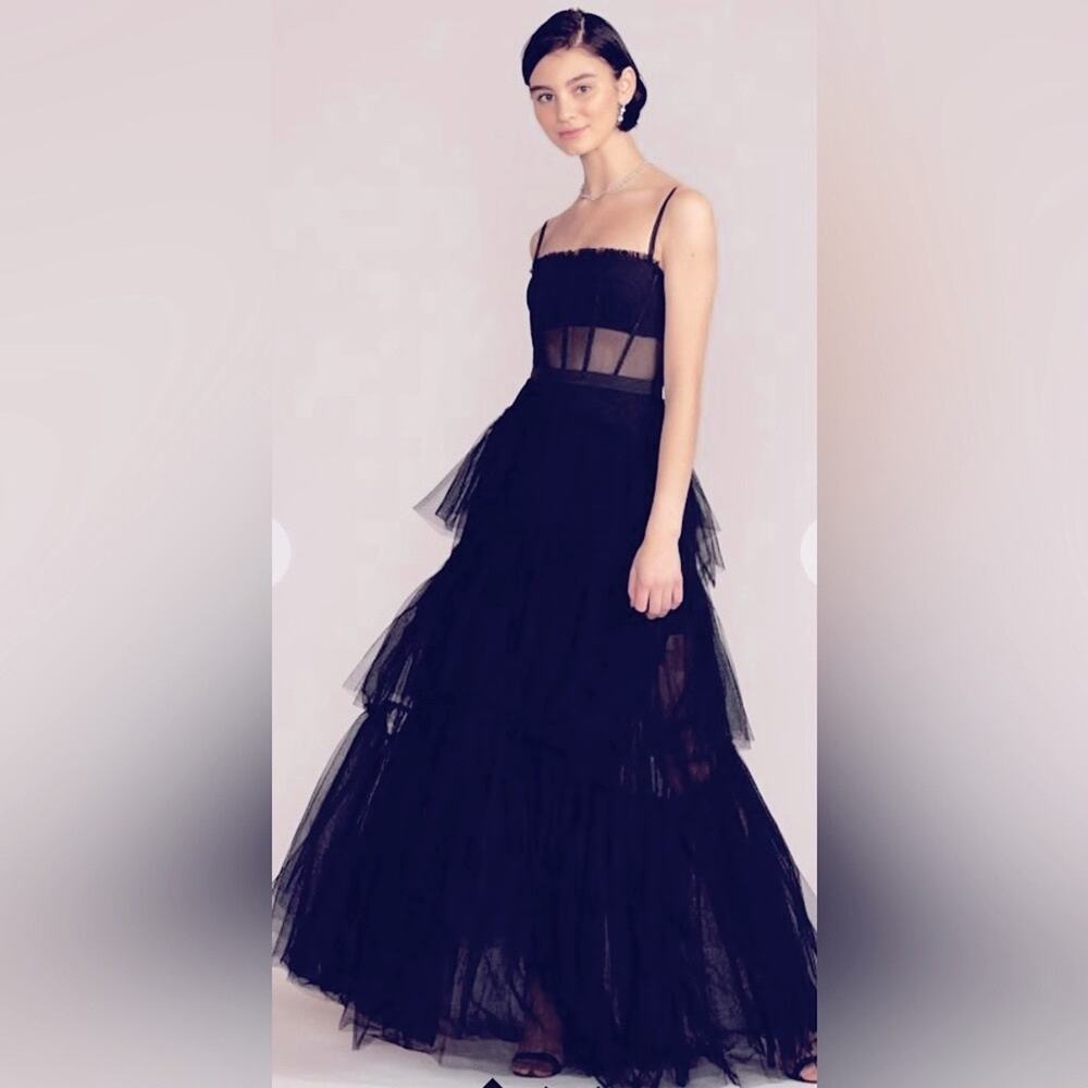 NWT$310 BETSY AND ADAM mesh corset tiered prom dress black size 10